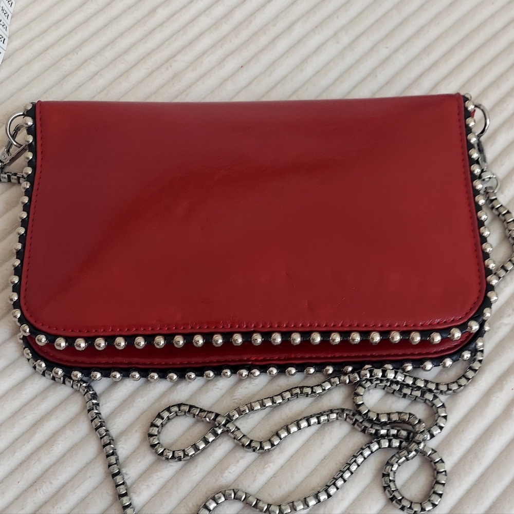Red Patent Crossbody Bag with Silver Chain